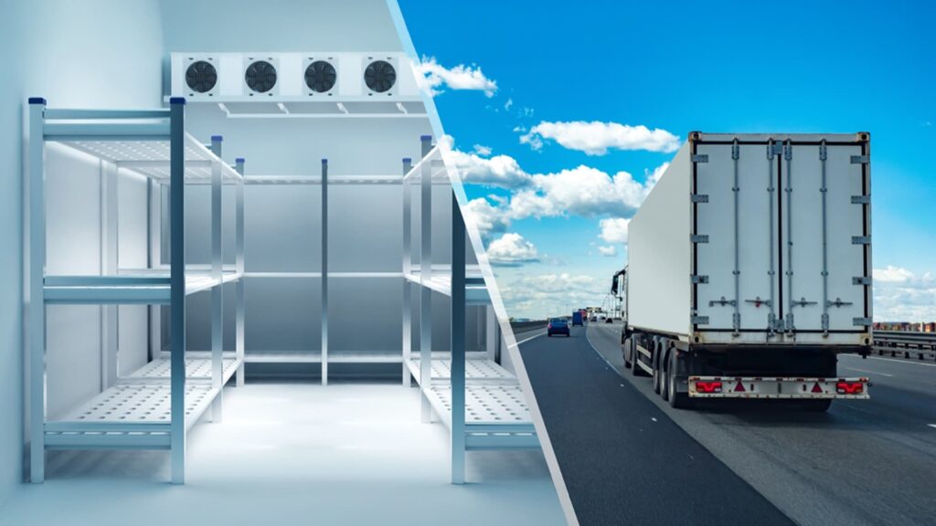 Split image showing the interior of a refrigerated storage unit and a refrigerated truck driving on a highway, representing the cold chain process