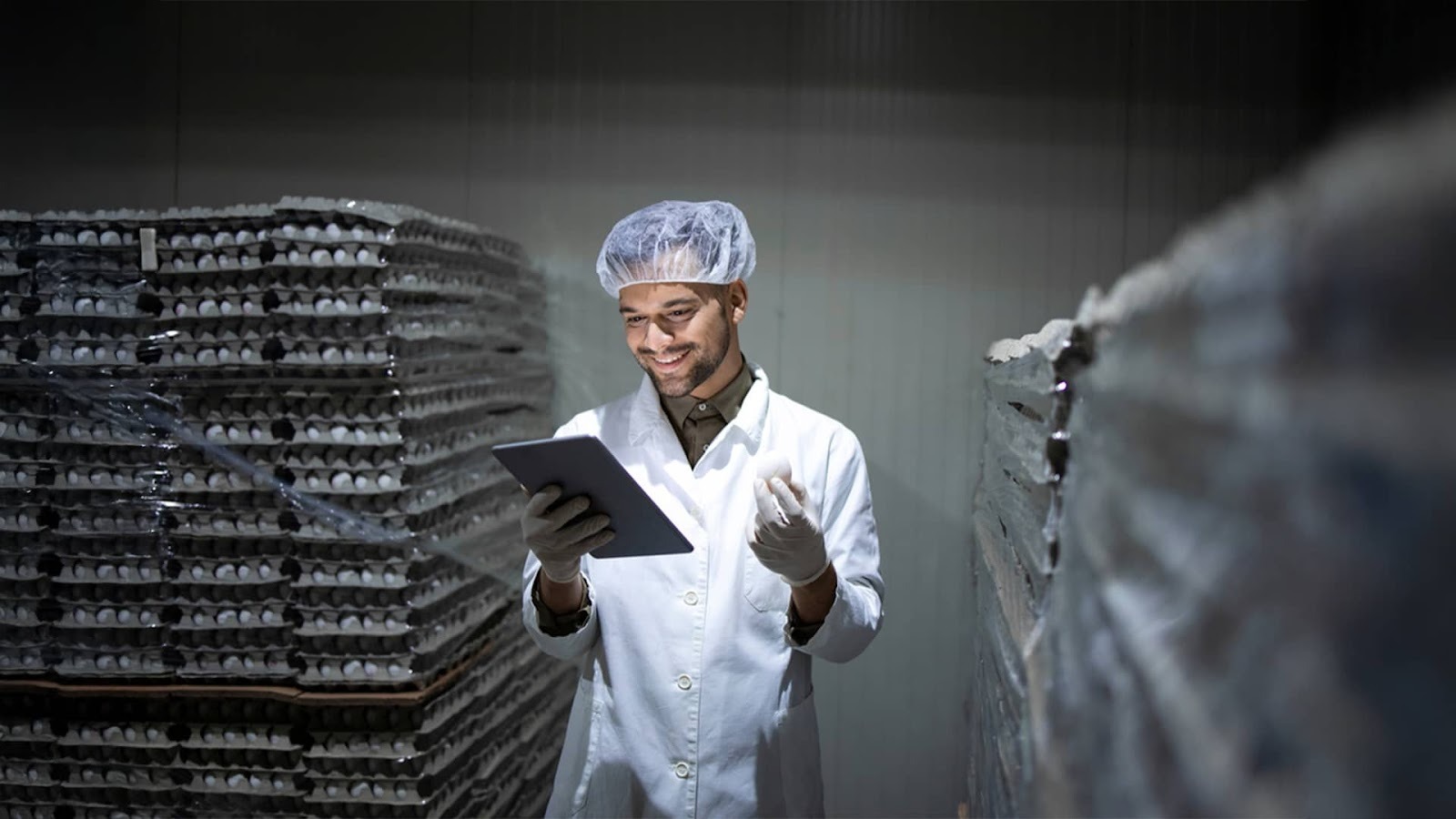 Worker in a white lab coat and hairnet inspecting eggs in a cold storage facility while using a tablet, surrounded by stacks of egg trays.