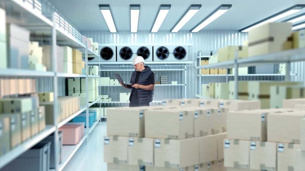 Worker in a temperature-controlled cold storage room inspecting inventory using a laptop.