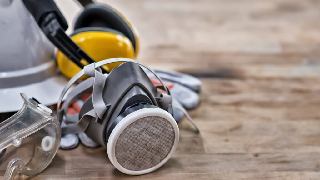 Personal protective equipment including respirator mask, safety goggles, hard hat, and ear protection for cold storage warehouse safety.