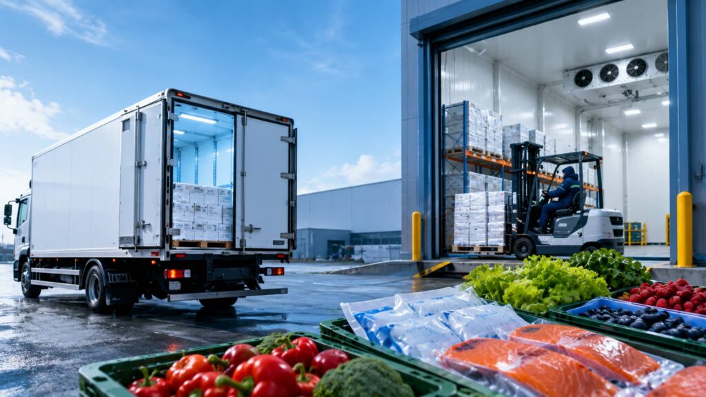 Cold chain logistics truck at a warehouse